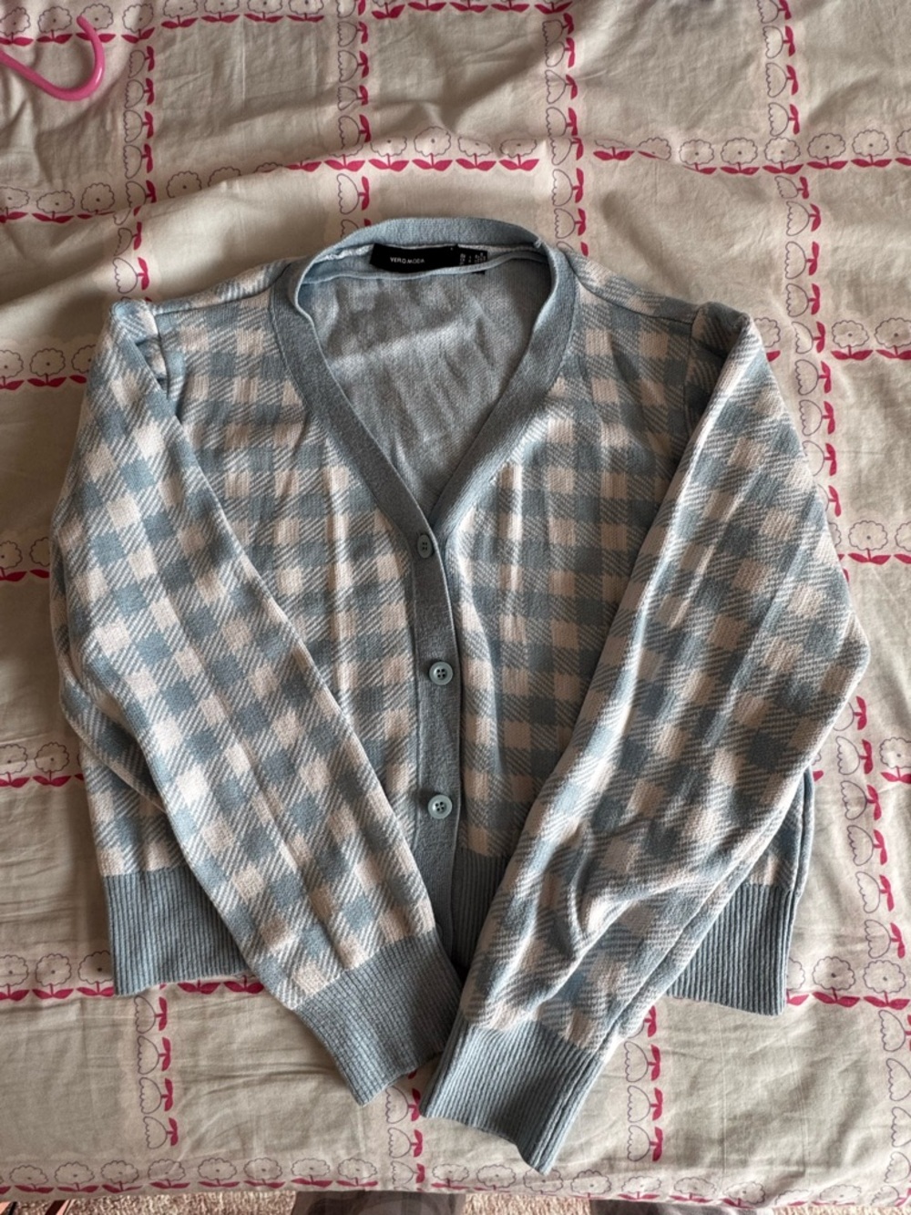 Vero Moda Light Blue & Cream Checked V-Neck Cardigan